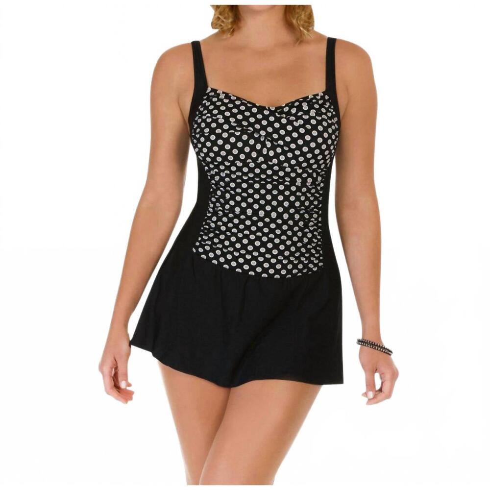 NEW SHAPE SOLVER neutral spot twist front skater swimdress in sol black and whit